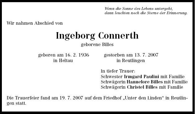 Billes Ingeborg 1936-2007 Todesanzeige
